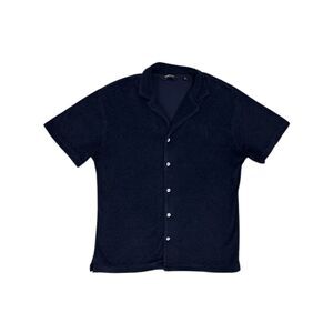 KENNETH COLE Navy Diamond-Embroidered Terry Cloth Shirt